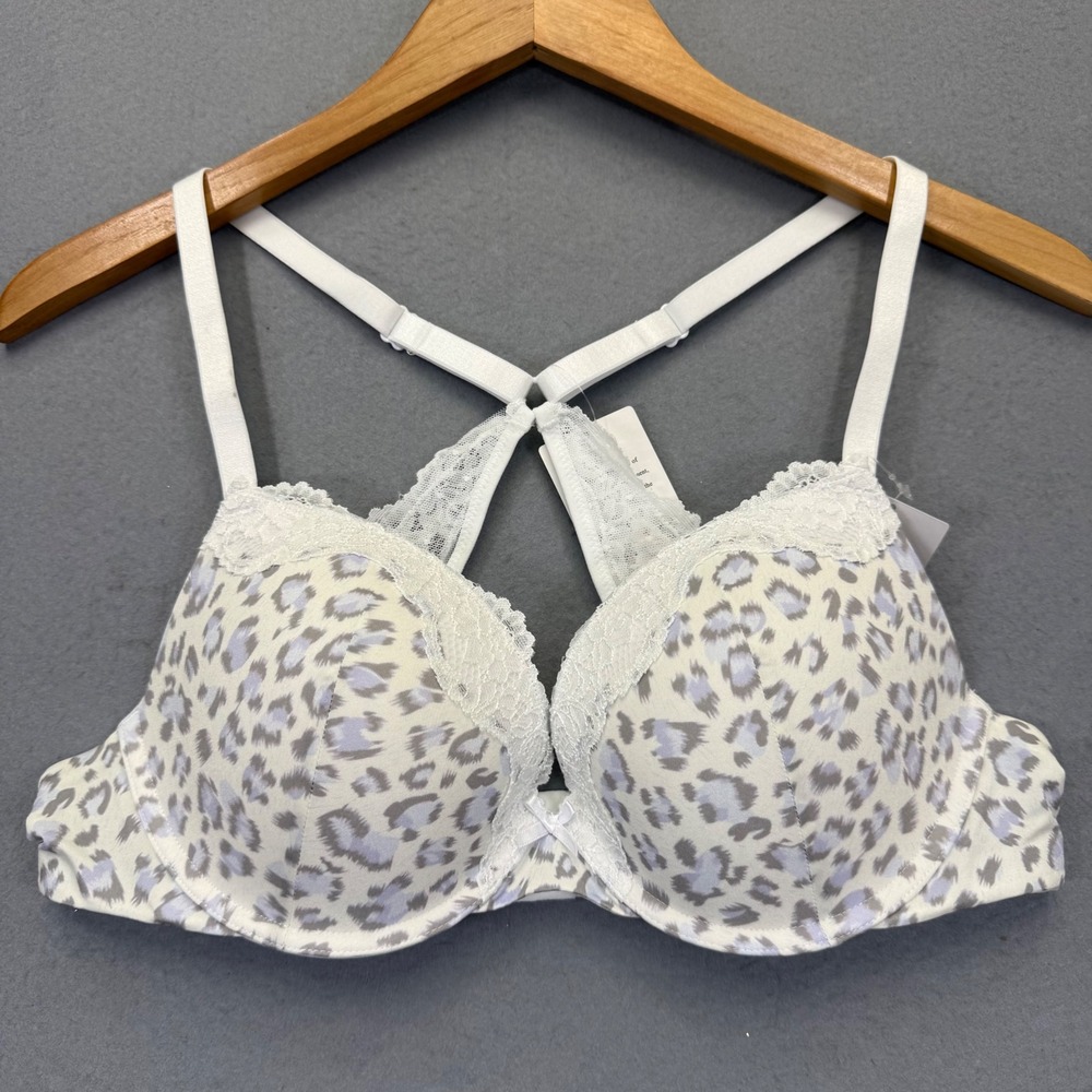 Deyllo Women Lavender White Leopard Lace Trim Racerback Push Up Bra 38B NEW